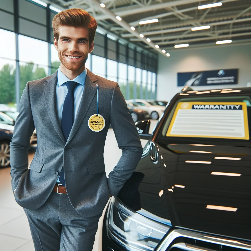 Professional photo of a smiling Caucasian salesman in suit standing beside a clean used car with a warranty badge on windshield, bright dealership showroom, 4K, European setting.