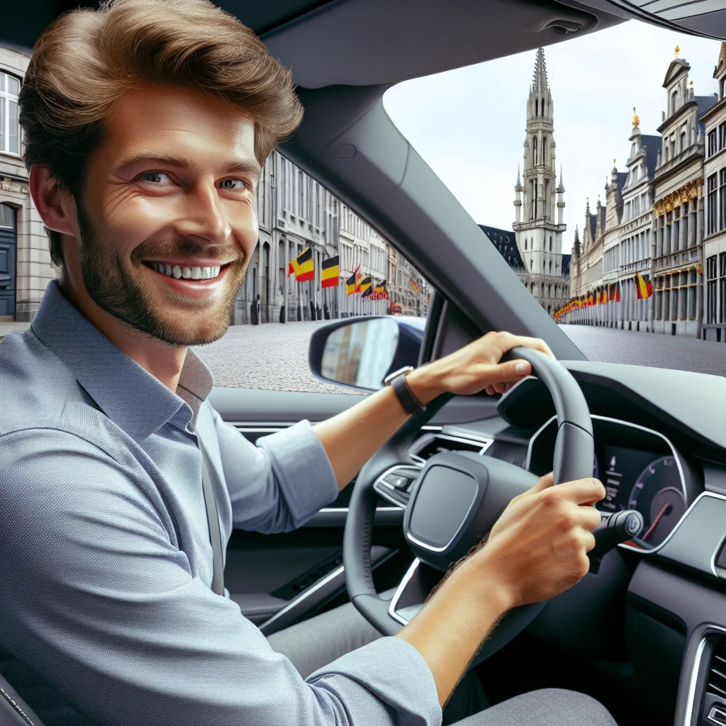 Professional photo, 4K, happy Caucasian male driver in modern sedan, Belgian business setting, clean background, no text or logos.
