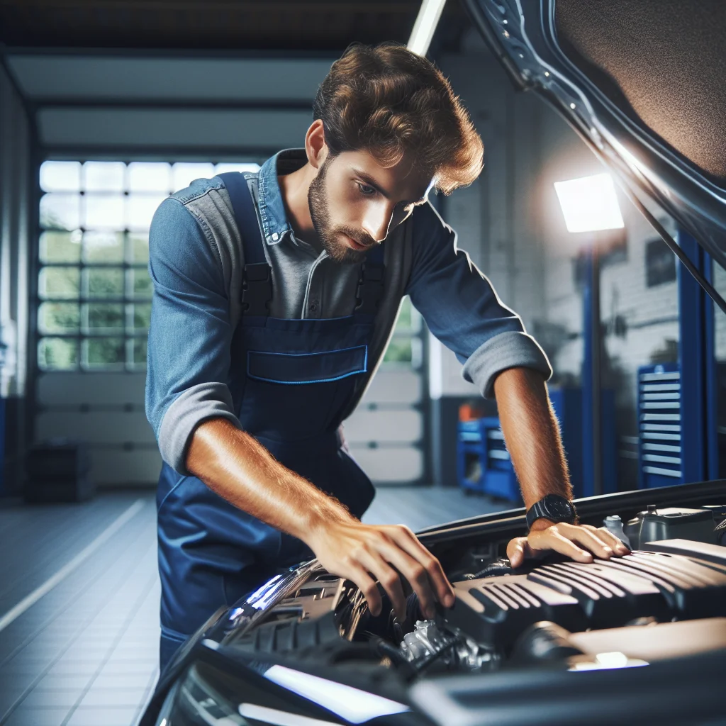A Caucasian European mechanic in blue overalls inspects an open car hood in a clean Belgian garage, professional lighting, 4K photo.