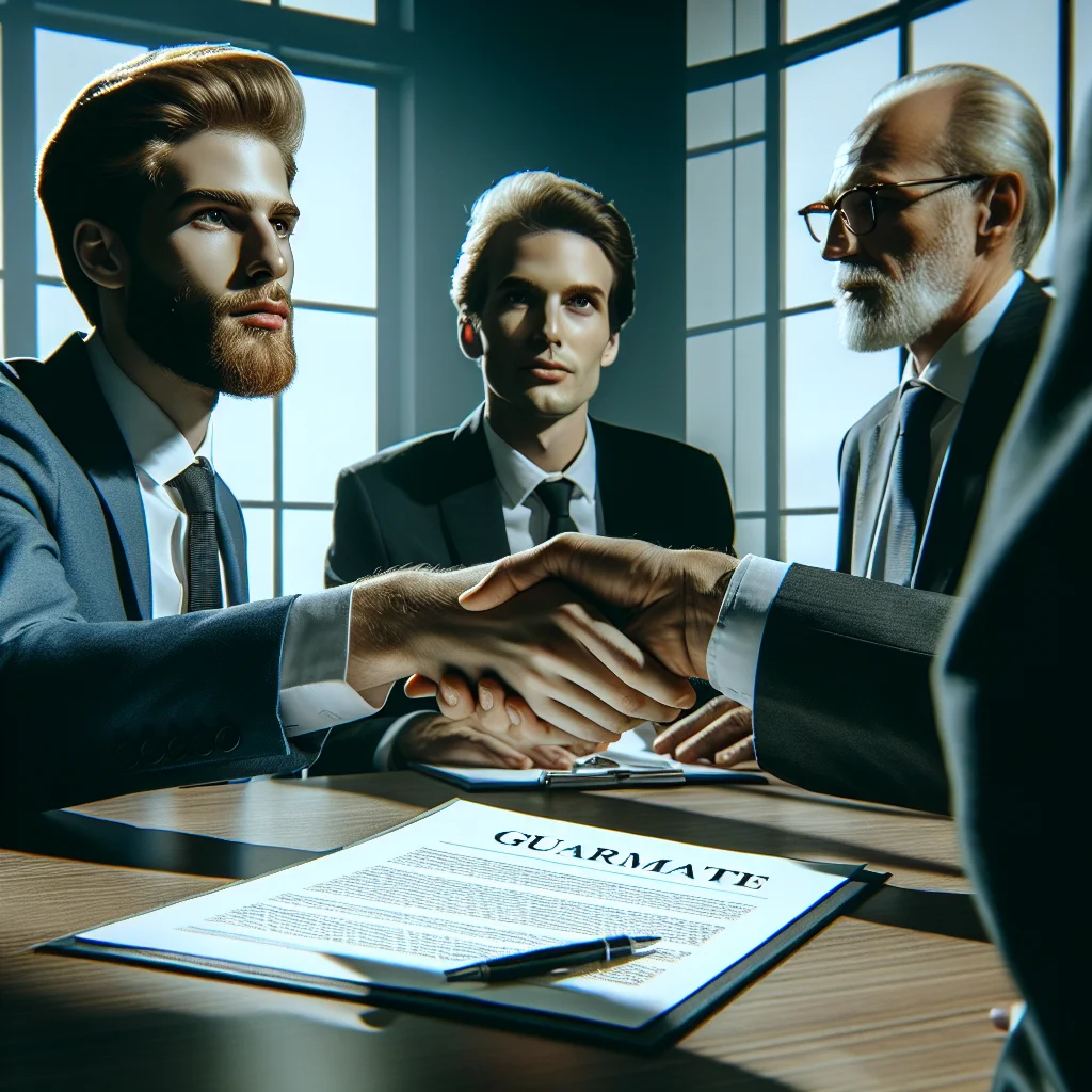 Caucasian European business professionals in a Belgian office, one handing a guarantee document to another. Professional photo, 4K, realistic, no text.