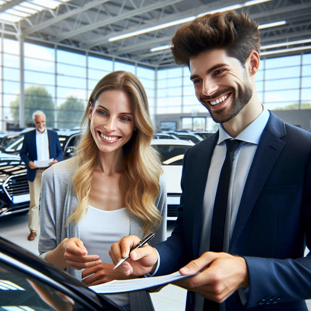 Caucasian Belgian professionals at car dealership, smiling couple with salesman, holding warranty document, bright showroom, 4K realistic stock photo.