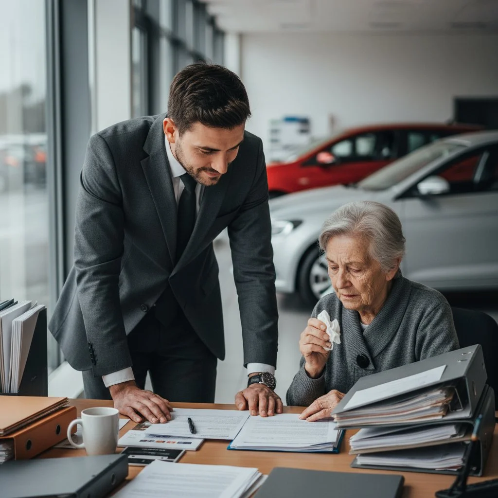 Een medewerker van een autobedrijf die een nabestaande begeleidt