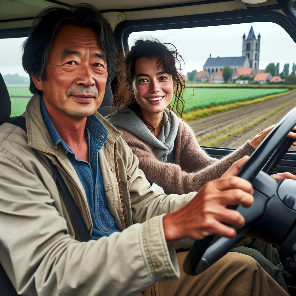 A candid documentary photograph of an ordinary Belgian couple taking a test drive on a rural road near Ghent. The man is at the wheel, the woman beside him, both smiling naturally. Slightly messy hair, imperfect natural light filtering through clouds. A glimpse of flat Flemish farmland outside the window. No studio lighting, no perfect poses, no CGI.