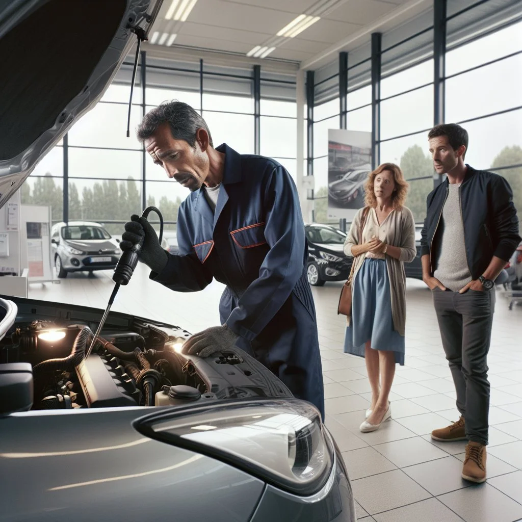 A candid documentary photograph inside a Belgian car dealership. A middle-aged mechanic in a blue work coat leans over an open engine bay of a grey hatchback, inspecting the engine with a flashlight. Nearby, a casually dressed couple in their thirties watches, holding car keys. Imperfect natural light streams through a large showroom window, casting soft shadows. No studio lighting, no text, no CGI. Real ordinary people, unposed.