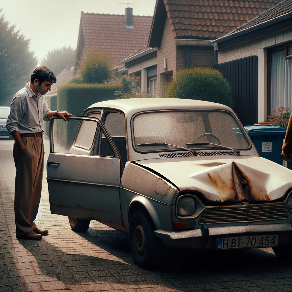 A candid documentary photograph of a worn, rusty older car parked on a Belgian residential street, with an ordinary middle-aged man in casual clothes standing beside it, examining the dented door, overcast natural daylight casting soft shadows, slightly grainy film look, real imperfect lighting, no studio lights, no text, no CGI, authentic real-life moment.