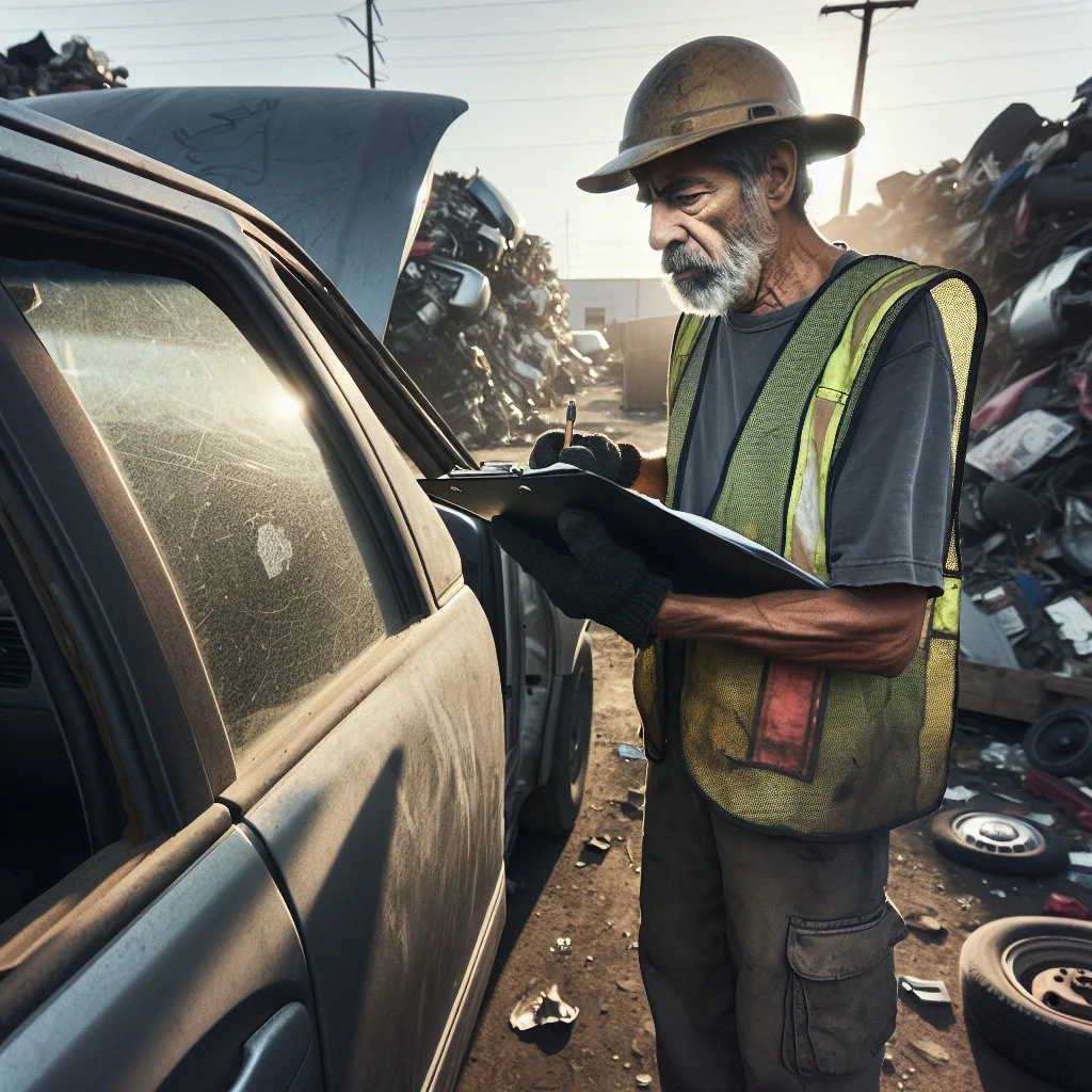 A candid documentary photograph of a Belgian worker in a worn reflective vest inspecting a slightly dented compact car in a scrapyard. The worker, a middle-aged man with a weathered face and hands holding a tablet or clipboard, stands beside an open car d