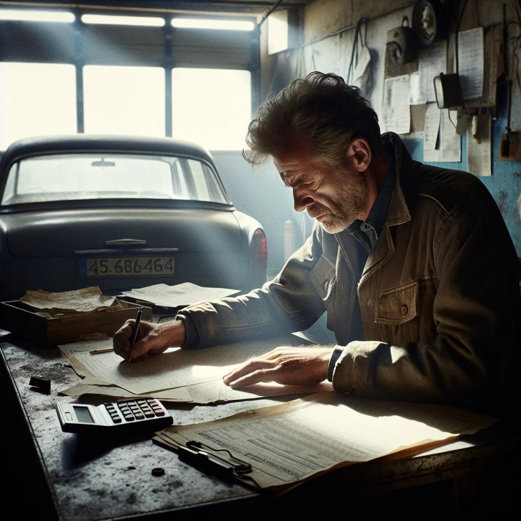 A middle-aged Belgian man in a worn mechanic's jacket sits at a cluttered metal desk in a small garage, sunlight streaming through a grimy window. He leans over a basic pocket calculator, pressing buttons with a weathered hand, while a crumpled vehicle re