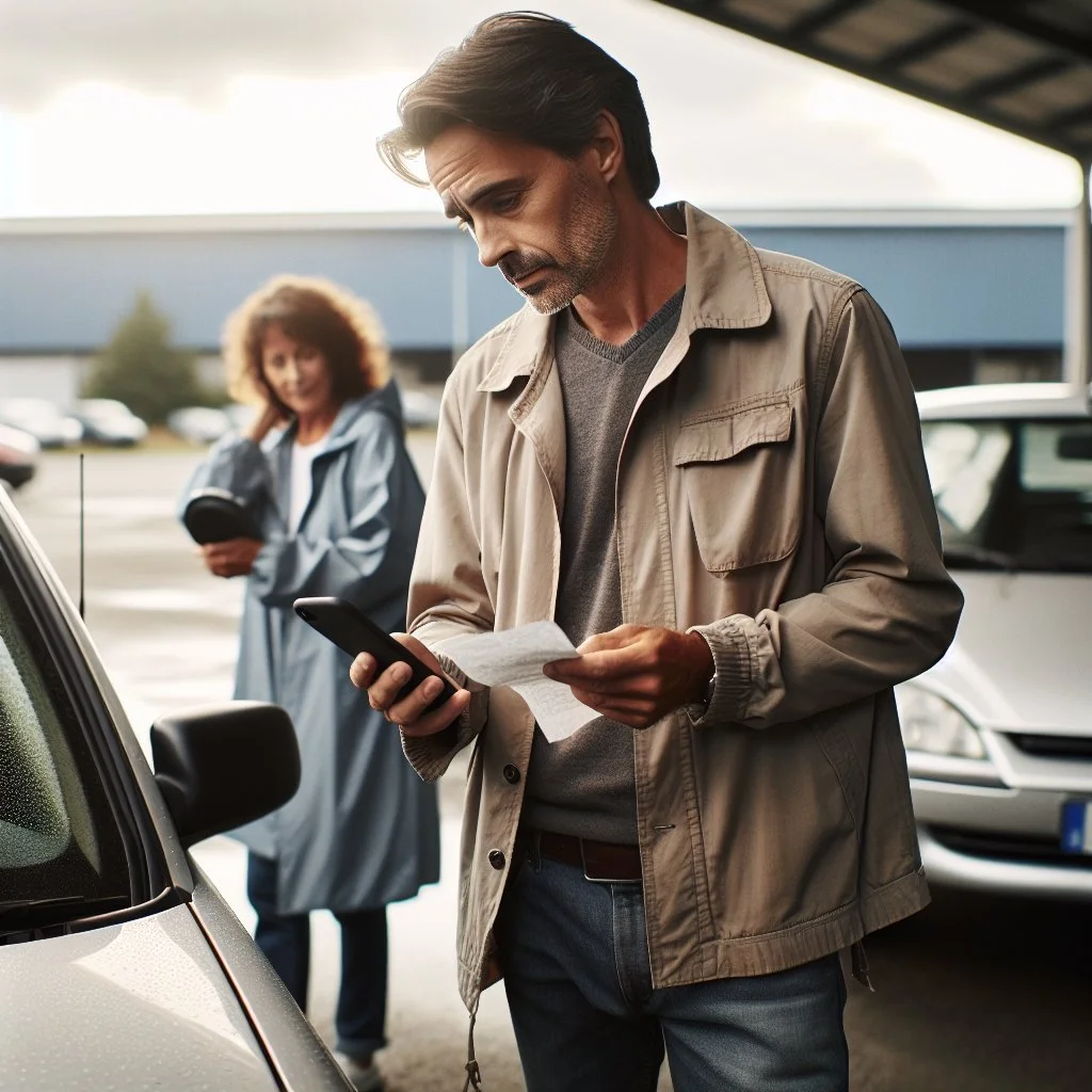 A middle-aged Belgian man in a casual jacket stands beside an older, slightly dusty hatchback car in a used car lot on a cloudy afternoon. He holds a smartphone and a paper receipt, looking thoughtfully at the vehicle. Another ordinary person, a woman in 